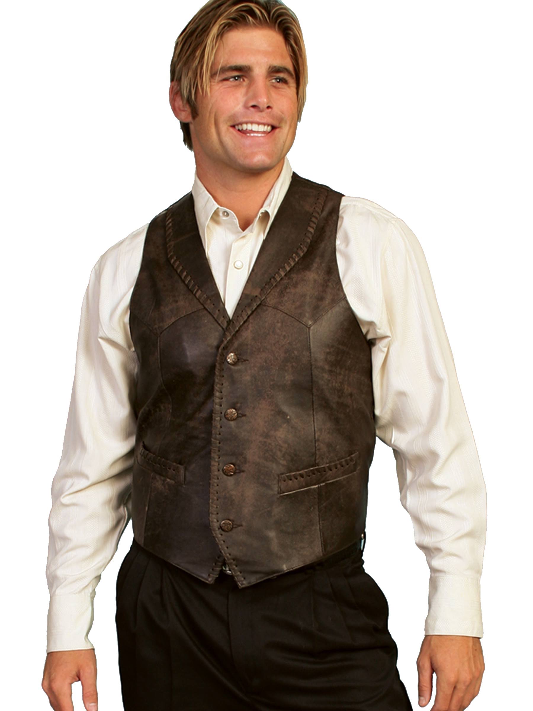 Western Vest Mens Whip Stitch Leather 4X Brown Buff T145