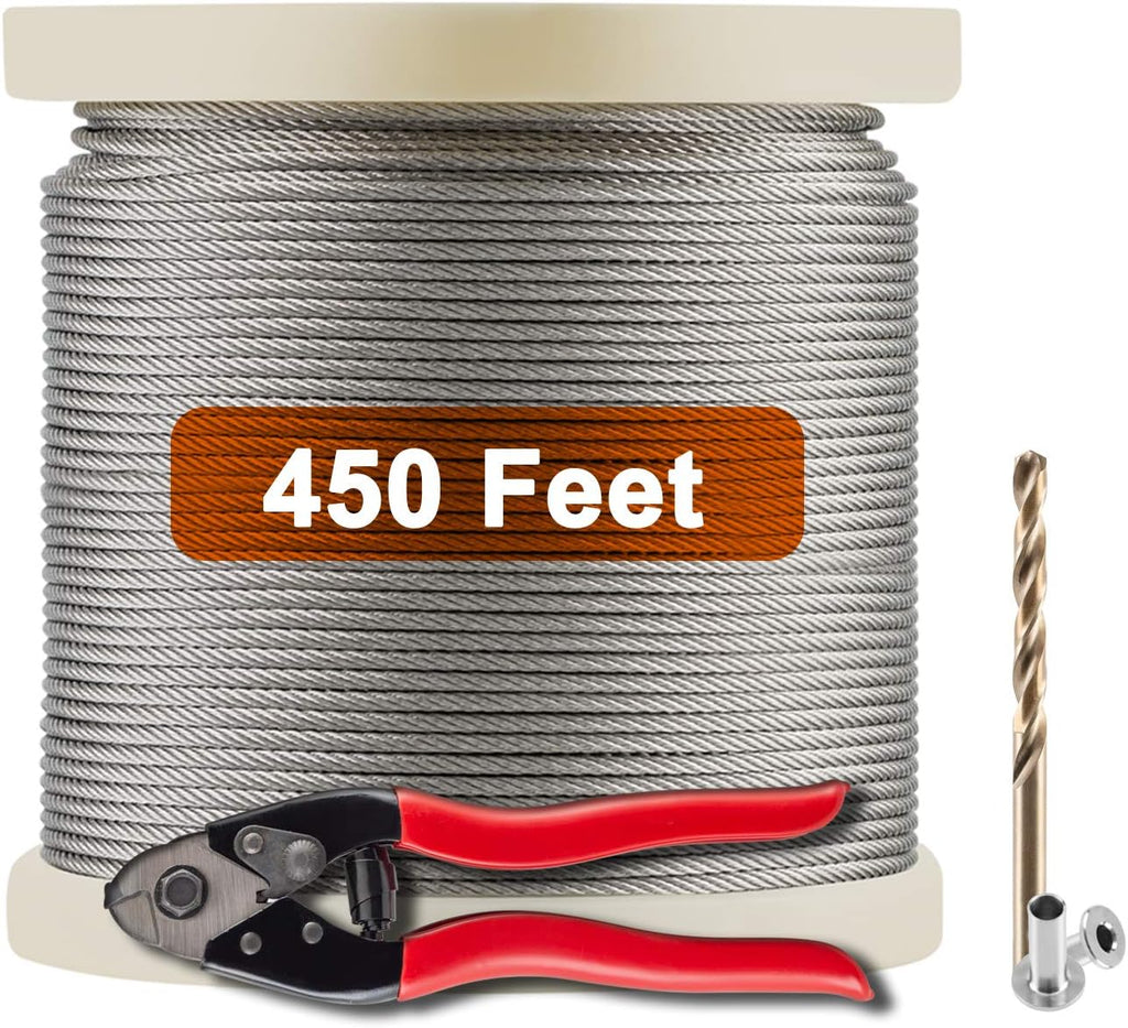 1/8 T316 Stainless Steel Cable with Cutter, 20 Pcs Protector Sleeves, 7 x 7 Strands, 450FT N10690
