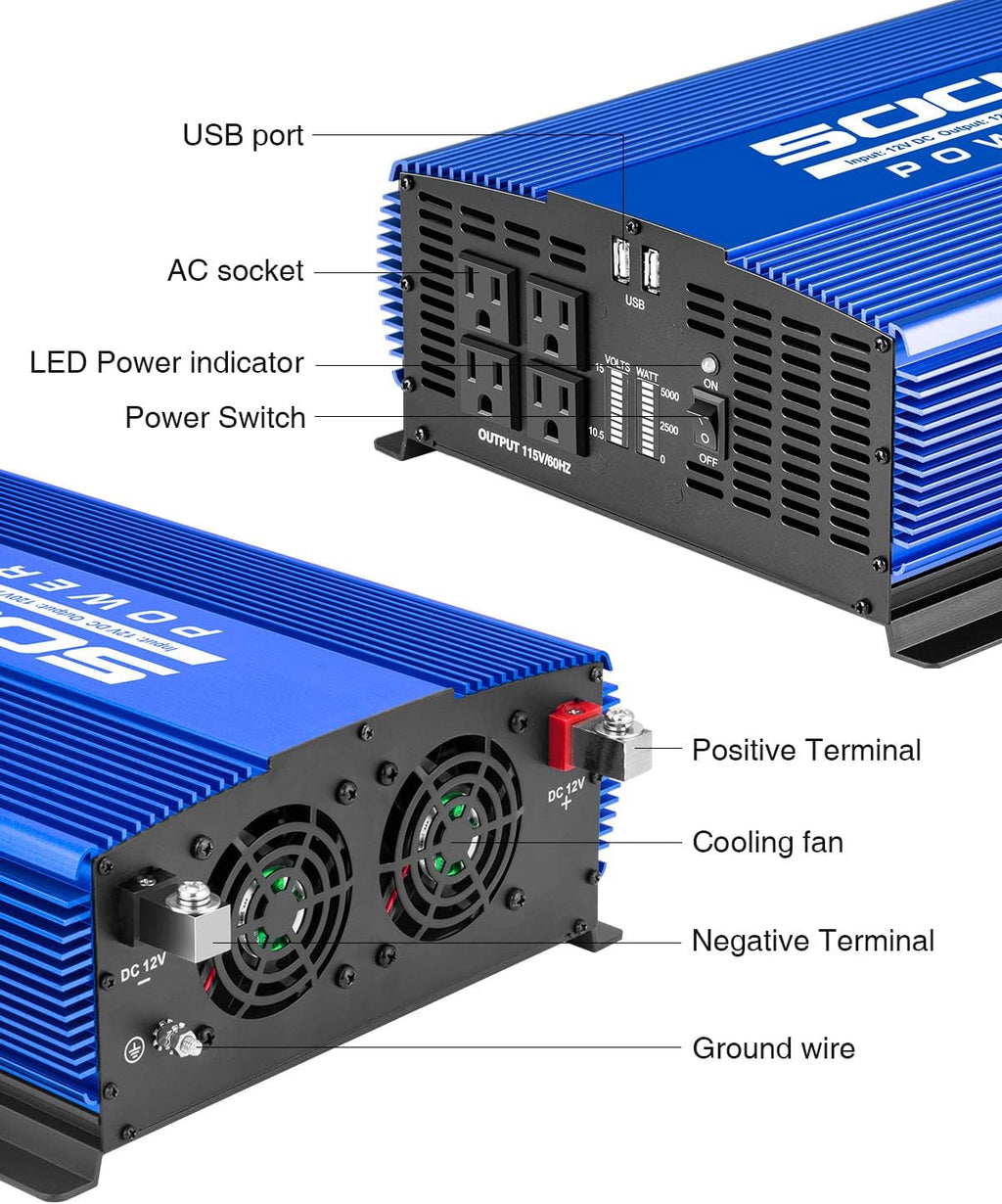 5000W Power Inverter 12V to 110V 4AC Outlets 2USB Ports S20499
