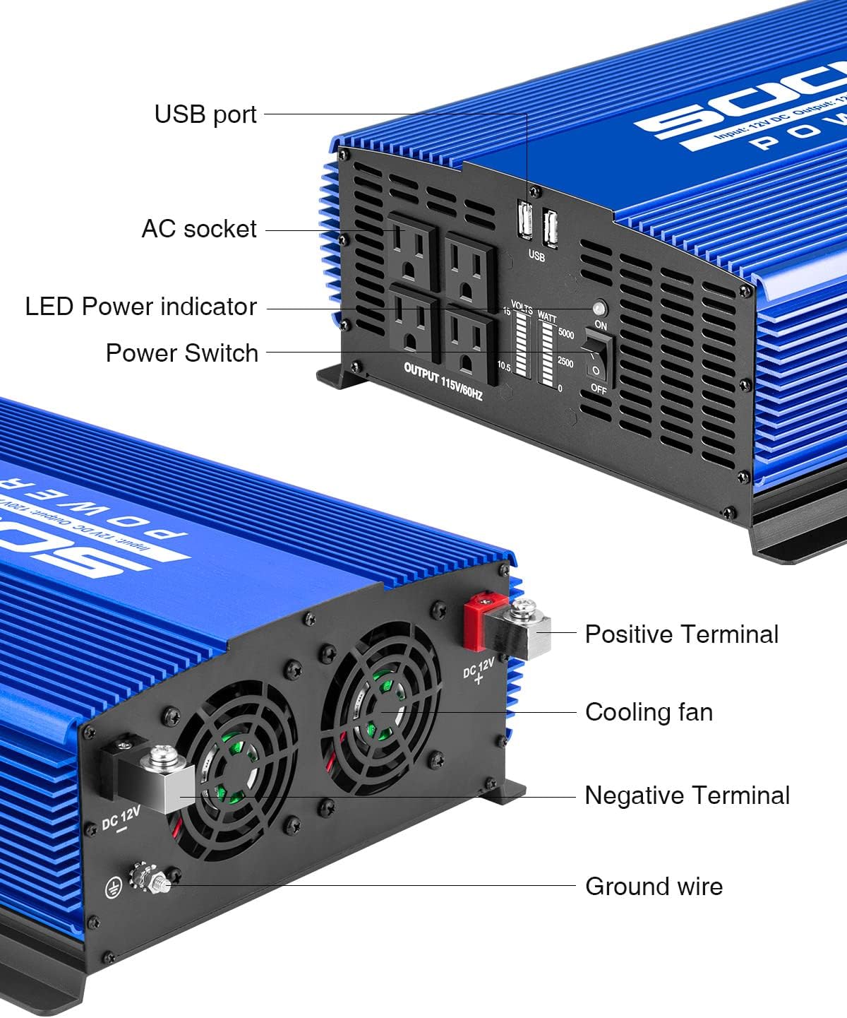 5000W Power Inverter 12V to 110V 4AC Outlets 2USB Ports S20499