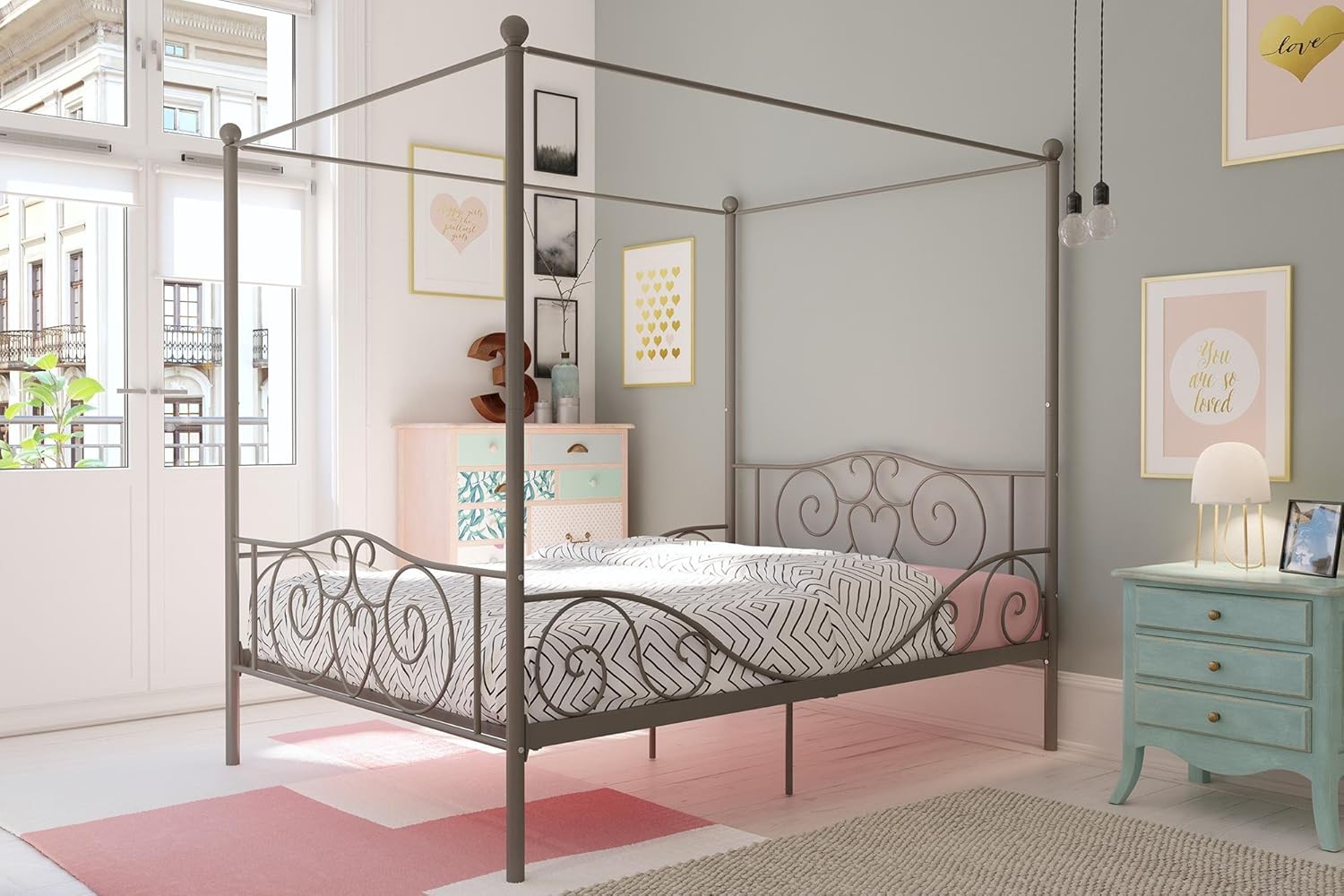 Twin Size Metal Canopy Bed with Bed Frame O9462