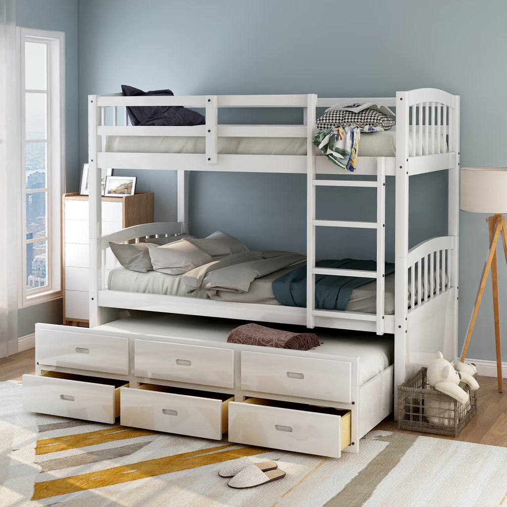 Twin Over Twin Wood Bunk Bed with Trundle and Drawers S883