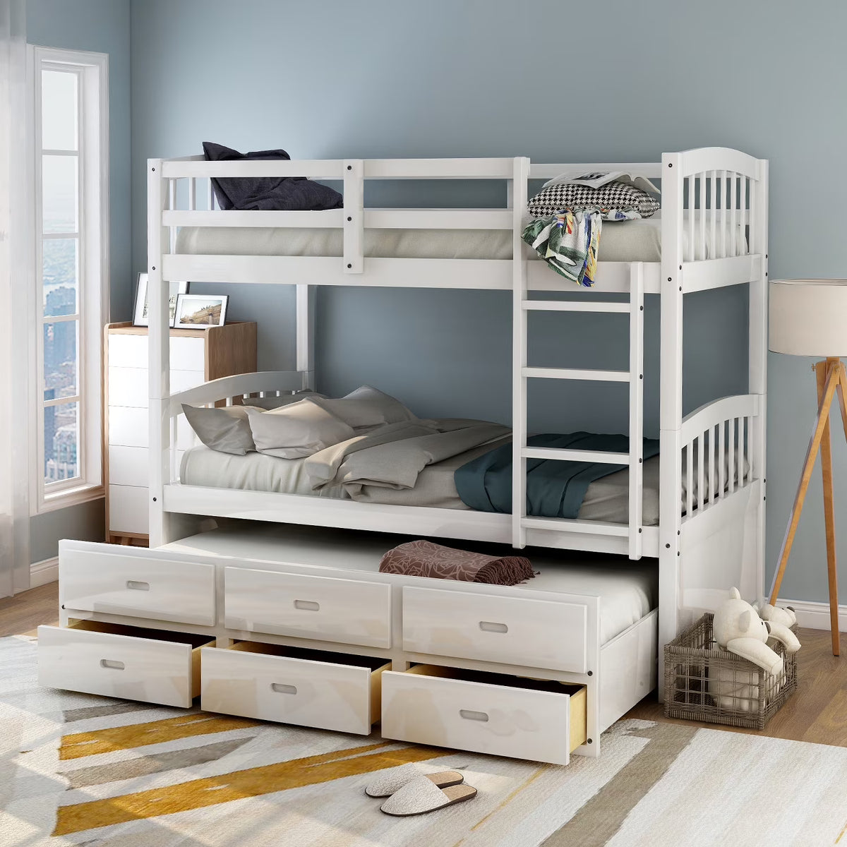 Twin Over Twin Wood Bunk Bed with Trundle and Drawers S883