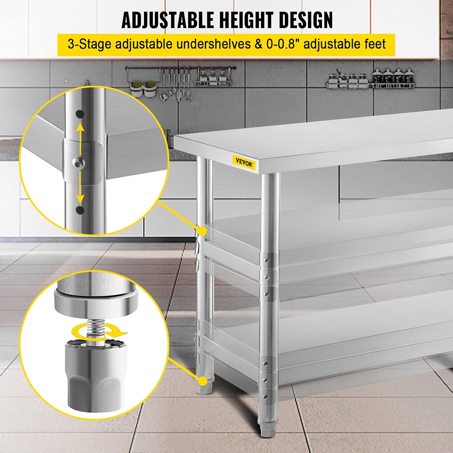 Stainless Steel Commercial Prep Table, 60x14x33 in, 2 Adjustable Undershelf N578292