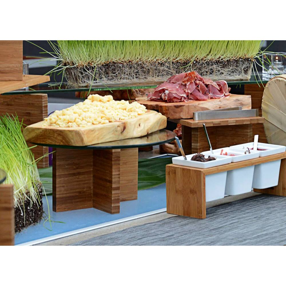 12-Piece Natural Bamboo L-Shape Riser Set with Clear Glass Buffet Boards R905