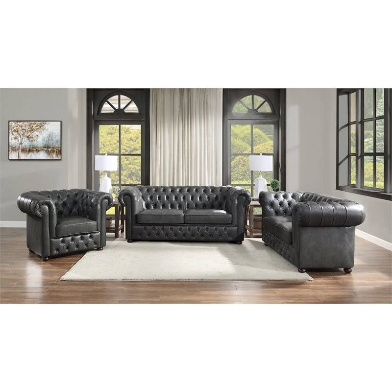 Faux Leather Tufted Chesterfield Arm Chair in Gray and Brown W871