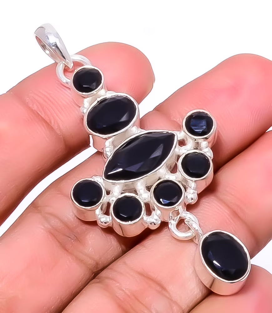 Black Onyx 925 Silver Plated Handmade Pendant 2.34" I7585