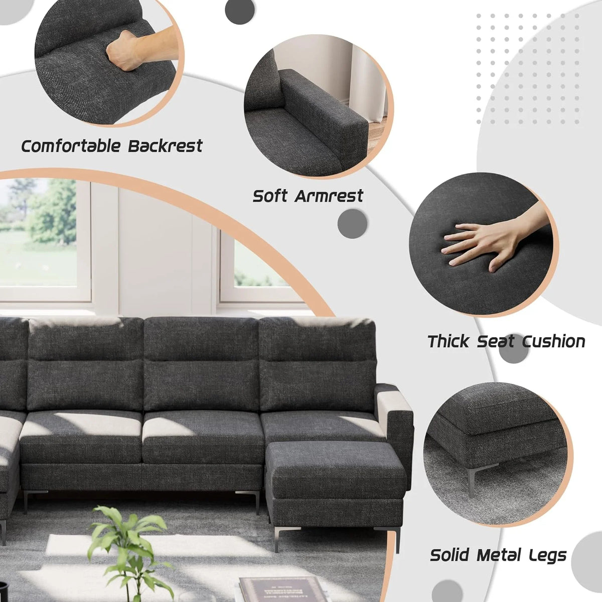 Modular U Shaped Fabric Sectional Sofa with Ottoman, 4 Seater, Metal Legs, Dark Grey M220970