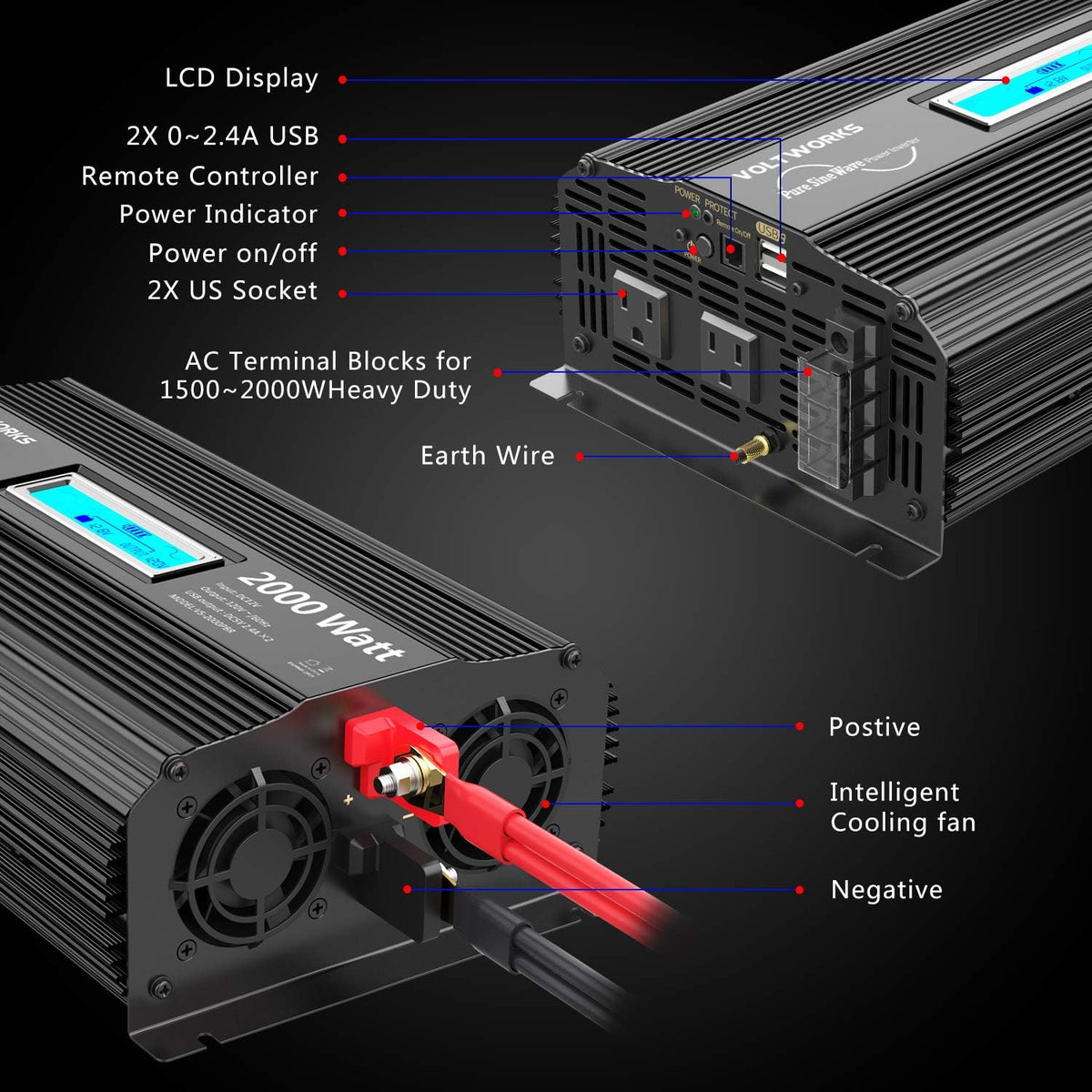 2000Watt DC 12V to 120V AC Car Power Inverter with 2 AC Outlets S78612