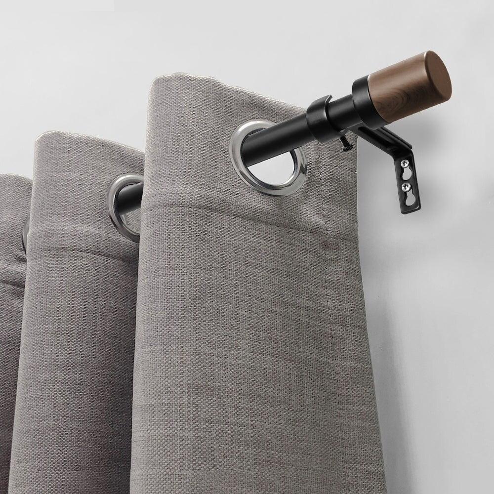 Matte Black Single Curtain Rod with Maple Wood Cylinder Finials 36"-66" P909177