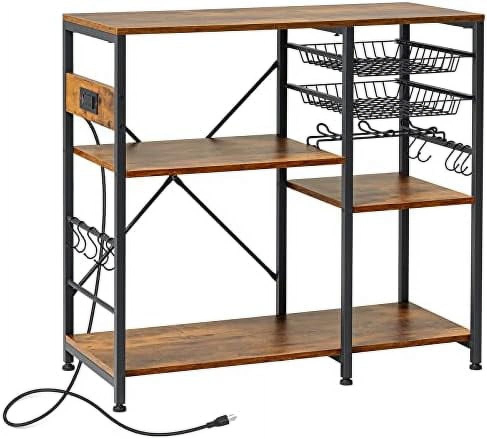 Rustic Brown Metal Frame Bakers Rack with Wire Basket X4412