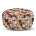 Cream Dark Coral Brown Round Pouf Ottoman Y27246