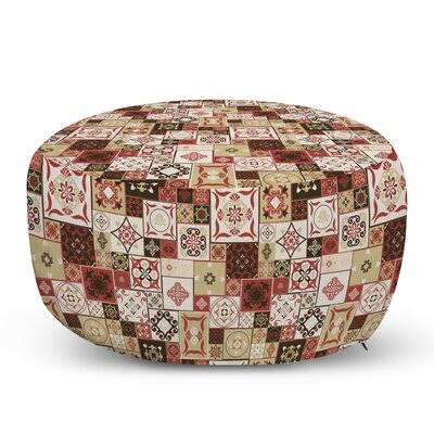 Cream Dark Coral Brown Round Pouf Ottoman Y27246