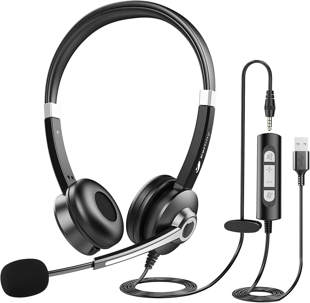 USB Computer Headset with Microphone, 3.5mm Wired Stereo Noise Cancelling Corded Desktop Headphones with Mic & Mute I5801
