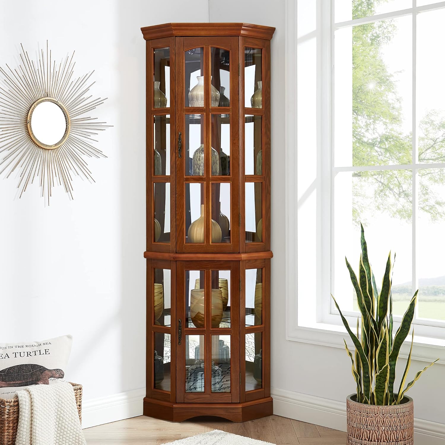 Walnut Corner Curio Cabinet with 5 Shelves and Lighting System Y214510