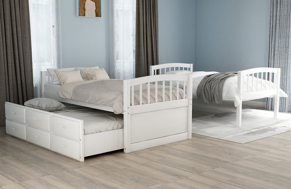 Twin Over Twin Wood Bunk Bed with Trundle and Drawers S883