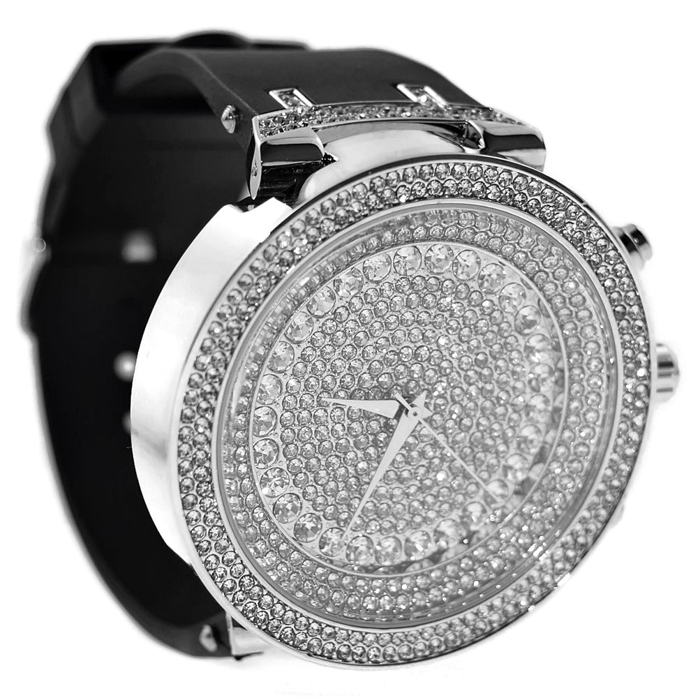 Silver Tone Hip Hop Watch with Black Band U1889