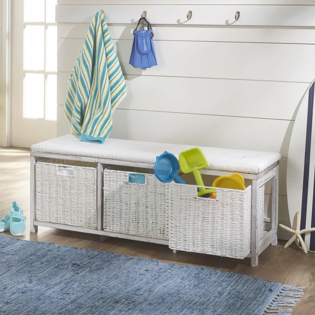 Brown Woven Top Storage Bench with Baskets M11962