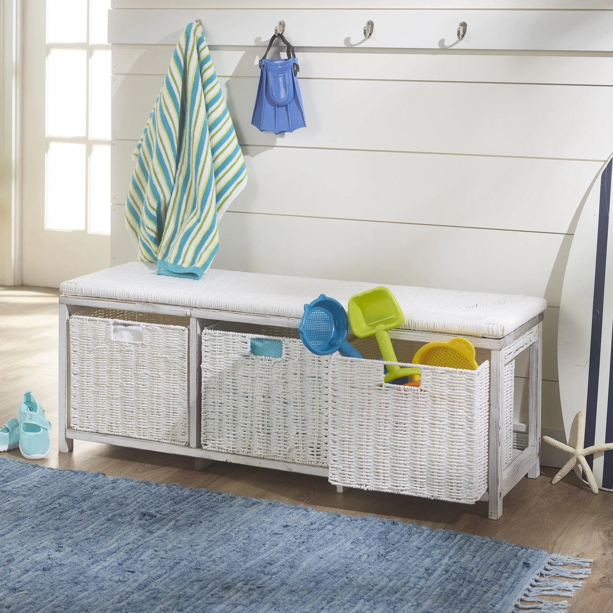 Brown Woven Top Storage Bench with Baskets M11962