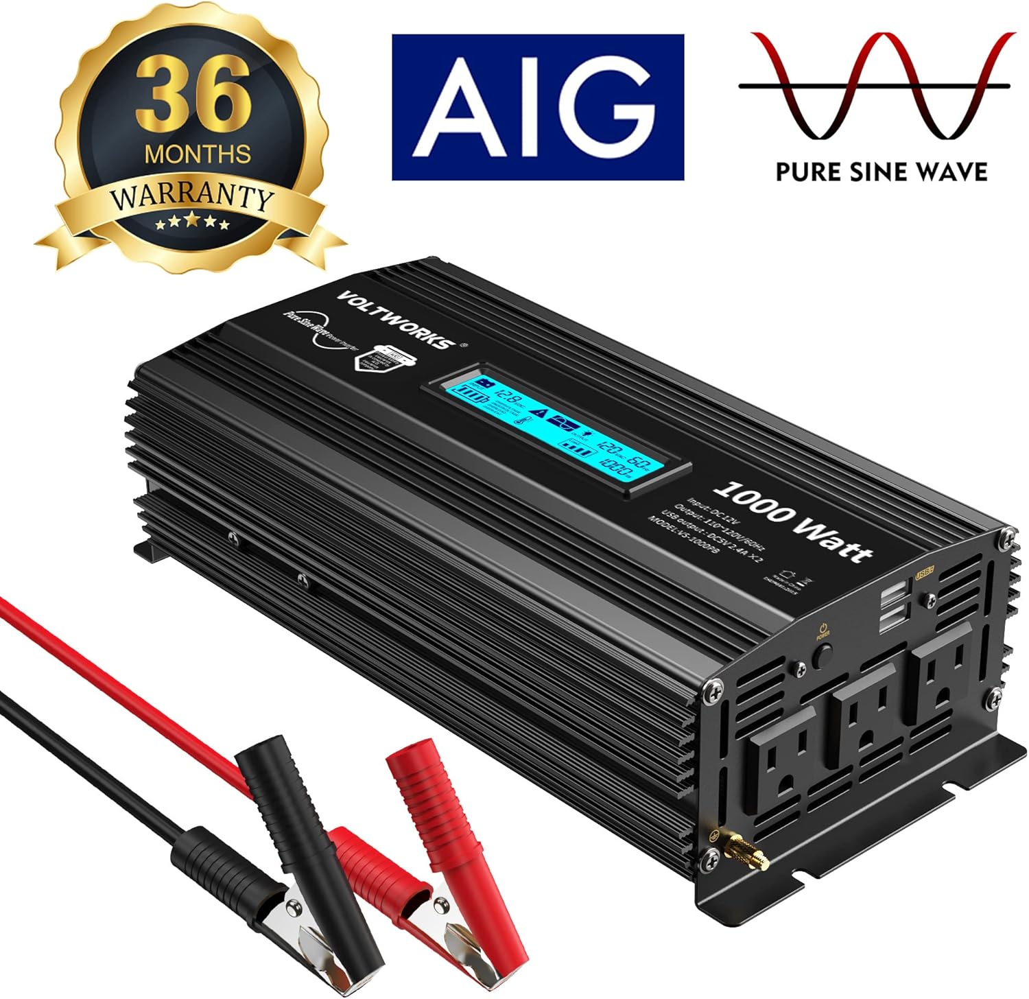 2000Watt DC 12V to 120V AC Car Power Inverter with 2 AC Outlets S78612