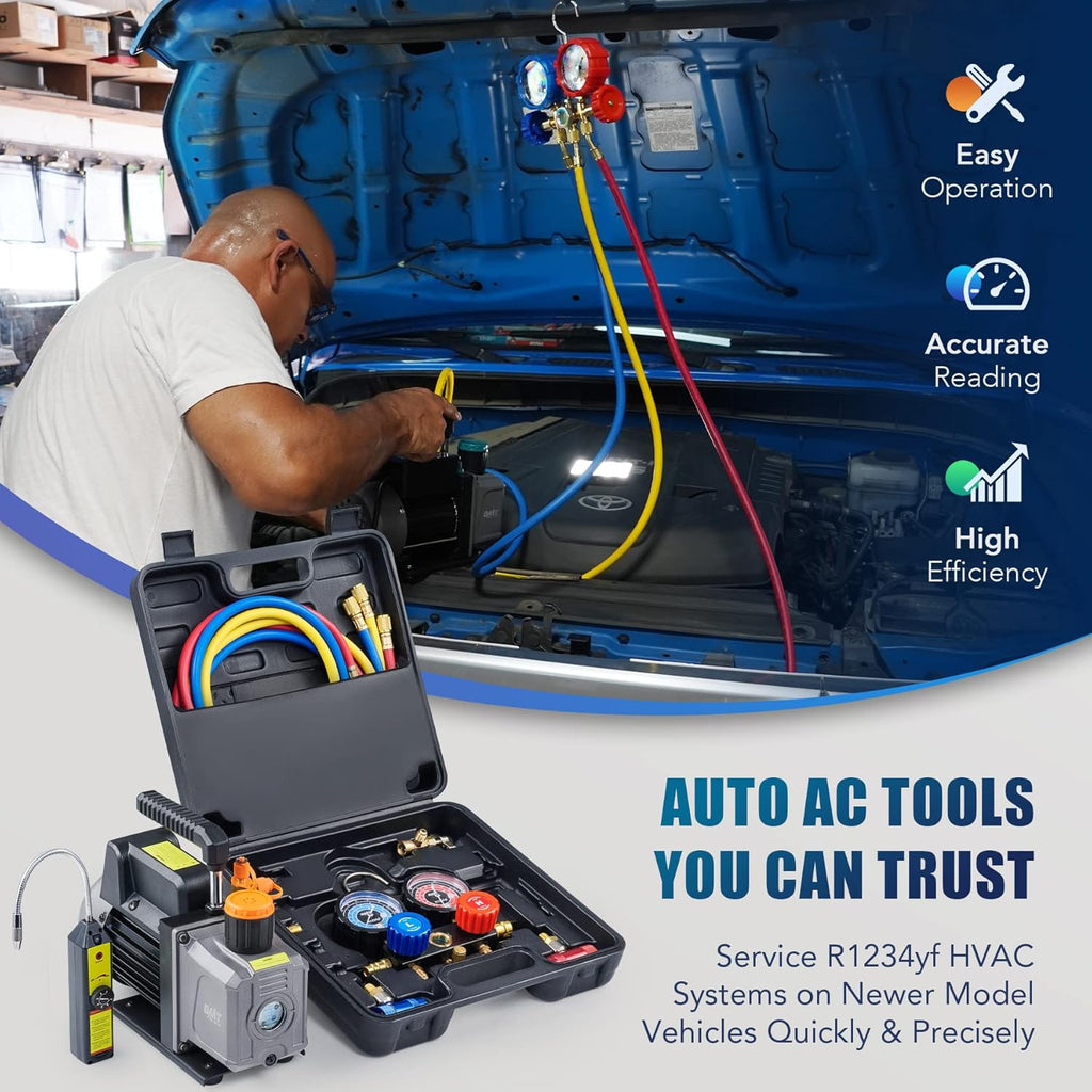 AC Gauges and Vacuum Pump with Leak Detector 5FT Hoses Quick Couplers, 4 cfm Vacuum Pump and Manifold Gauge Set R653