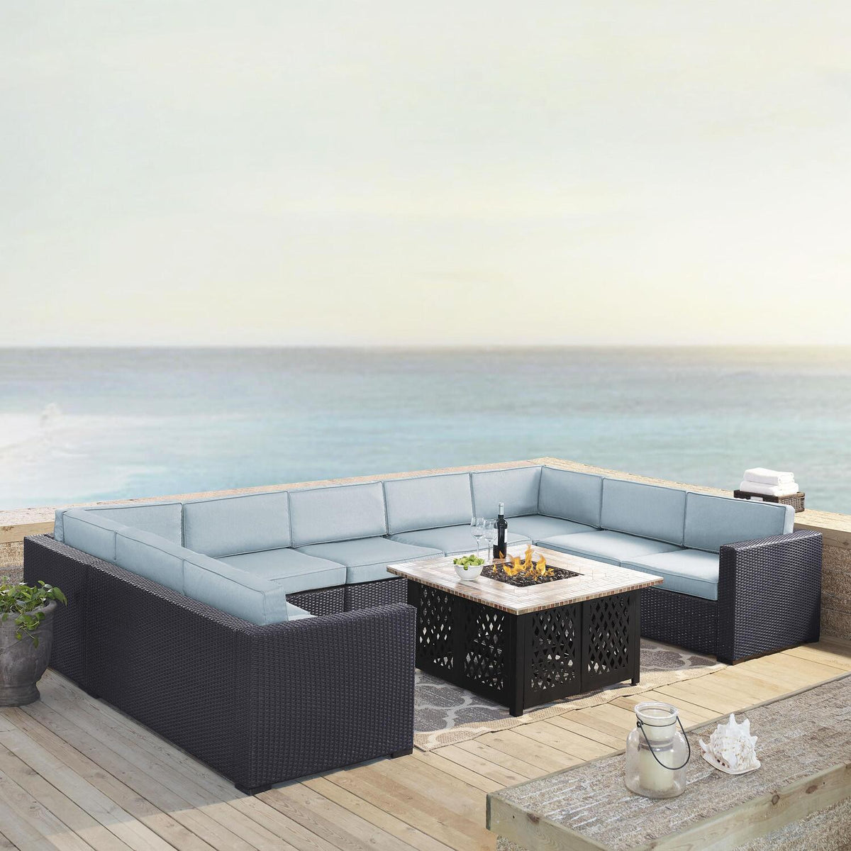 6Pc Outdoor Wicker Sectional Set with Fire Table White/Brown K830