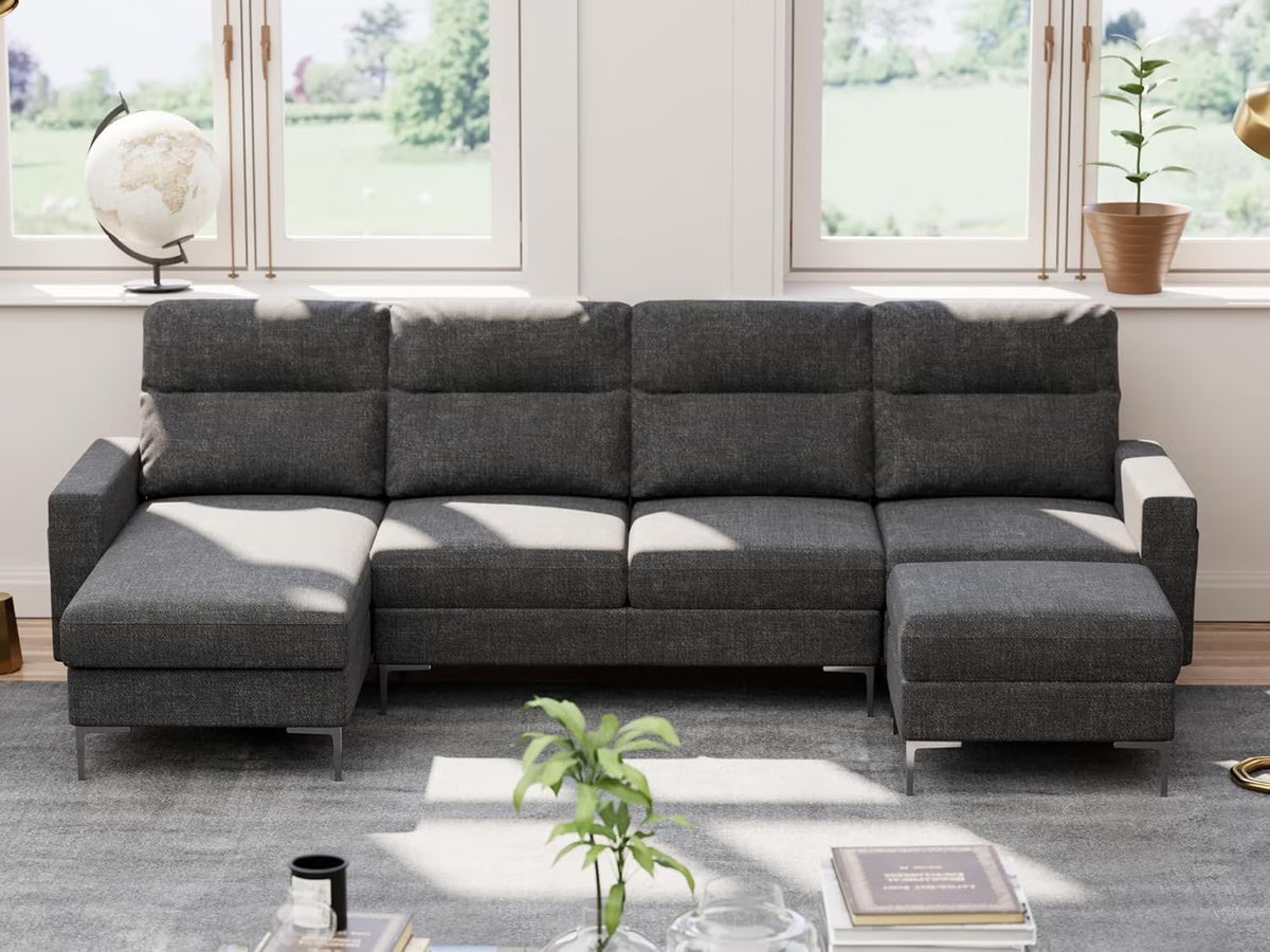 Modular U Shaped Fabric Sectional Sofa with Ottoman, 4 Seater, Metal Legs, Dark Grey M220970