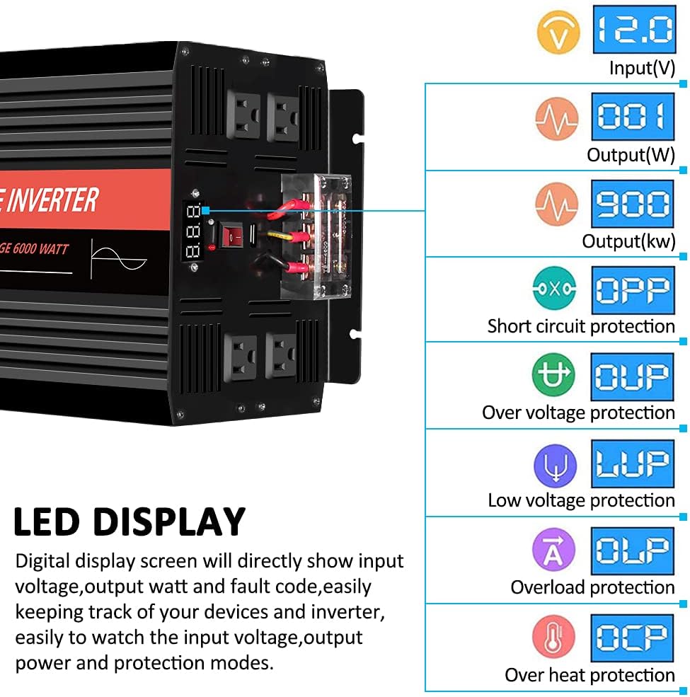 3000 Watt Pure Sine Wave Power Inverter 12V DC to 110V AC with 4 AC Outlets V687762