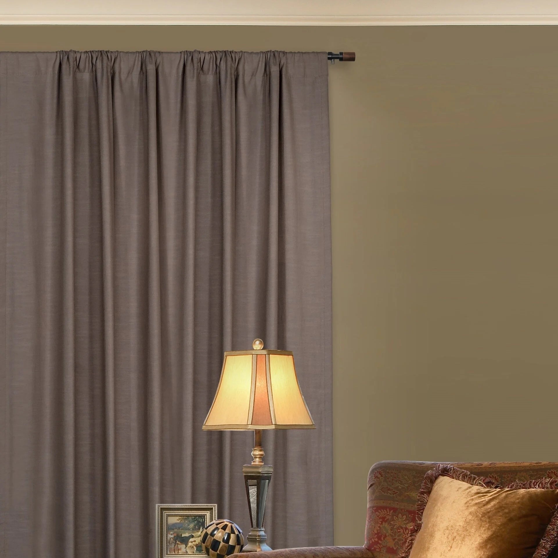 Matte Black Single Curtain Rod with Maple Wood Cylinder Finials 36"-66" P909177