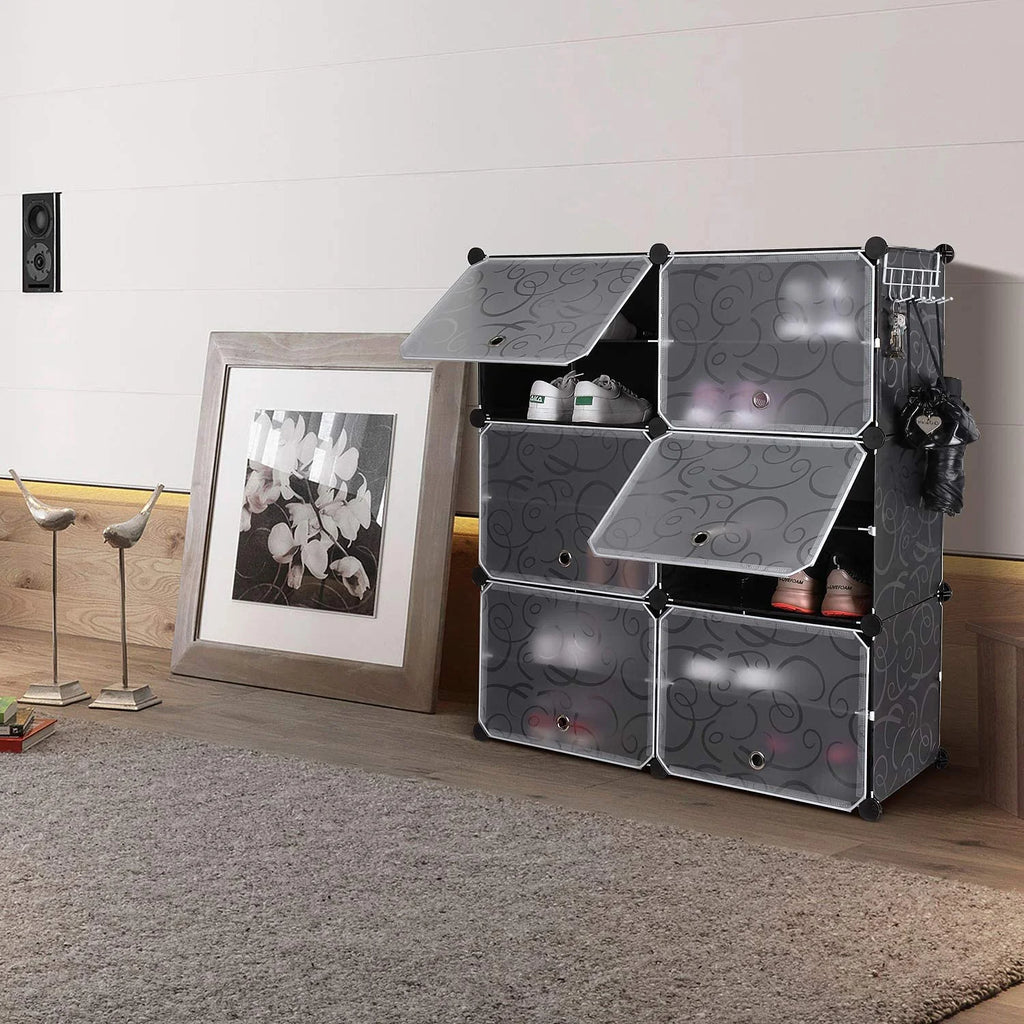 10 Cube Shoe Rack with Doors and Extra Hooks, Black and Clear K64099