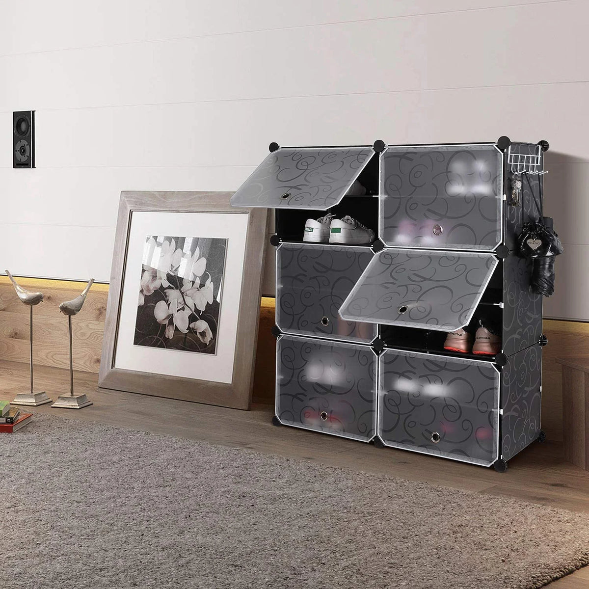 10 Cube Shoe Rack with Doors and Extra Hooks, Black and Clear K64099