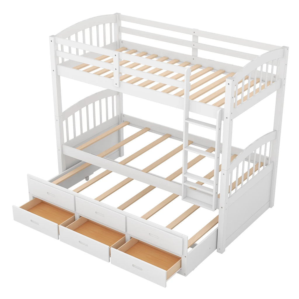 Twin Over Twin Wood Bunk Bed with Trundle and Drawers S883