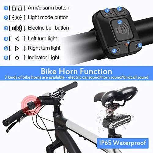 Smart Bike Tail Light with Turn Signals, Remote Control Rear Light USB Rechargeable IP65 Waterproof I756