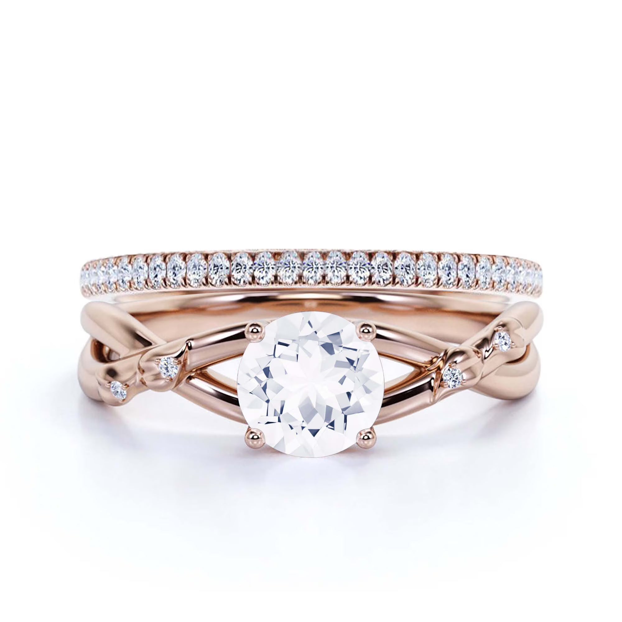10k Solid Rose Gold Diamond Moissanite Engagement Ring with Matching Band V28585