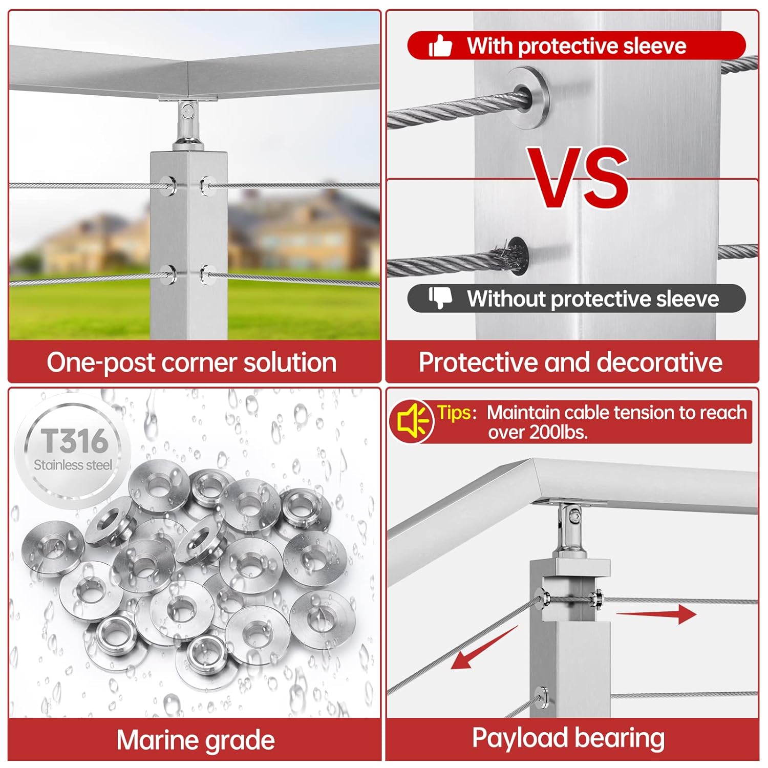 20Pack Cable Railing Kit 1/8 5/32 3/16 Wheel Protective Protector Sleeves for PT1 Metal Posts Wire Rope Level Deck Washer Insert Plug T316 Stainless Steel CR90, CP3 Pack of 2 K788