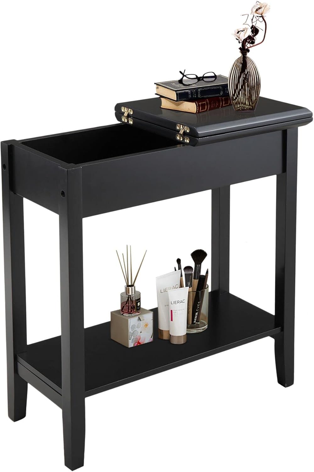 Flip Top End Table Wooden Sofa Side Table with Storage and Shelf O965866