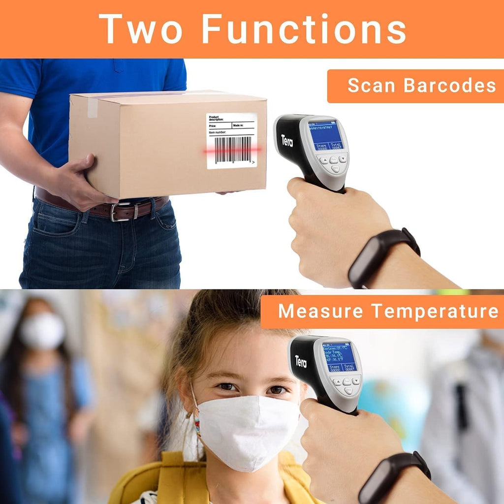 Tera Barcode Scanner Temperature Thermometer 2D QR 1D Cordless Bar Code Reader with Digital Display Screen, Compatible with Bluetooth 2.4Ghz Wireless USB Wired Pack of 2 E903871