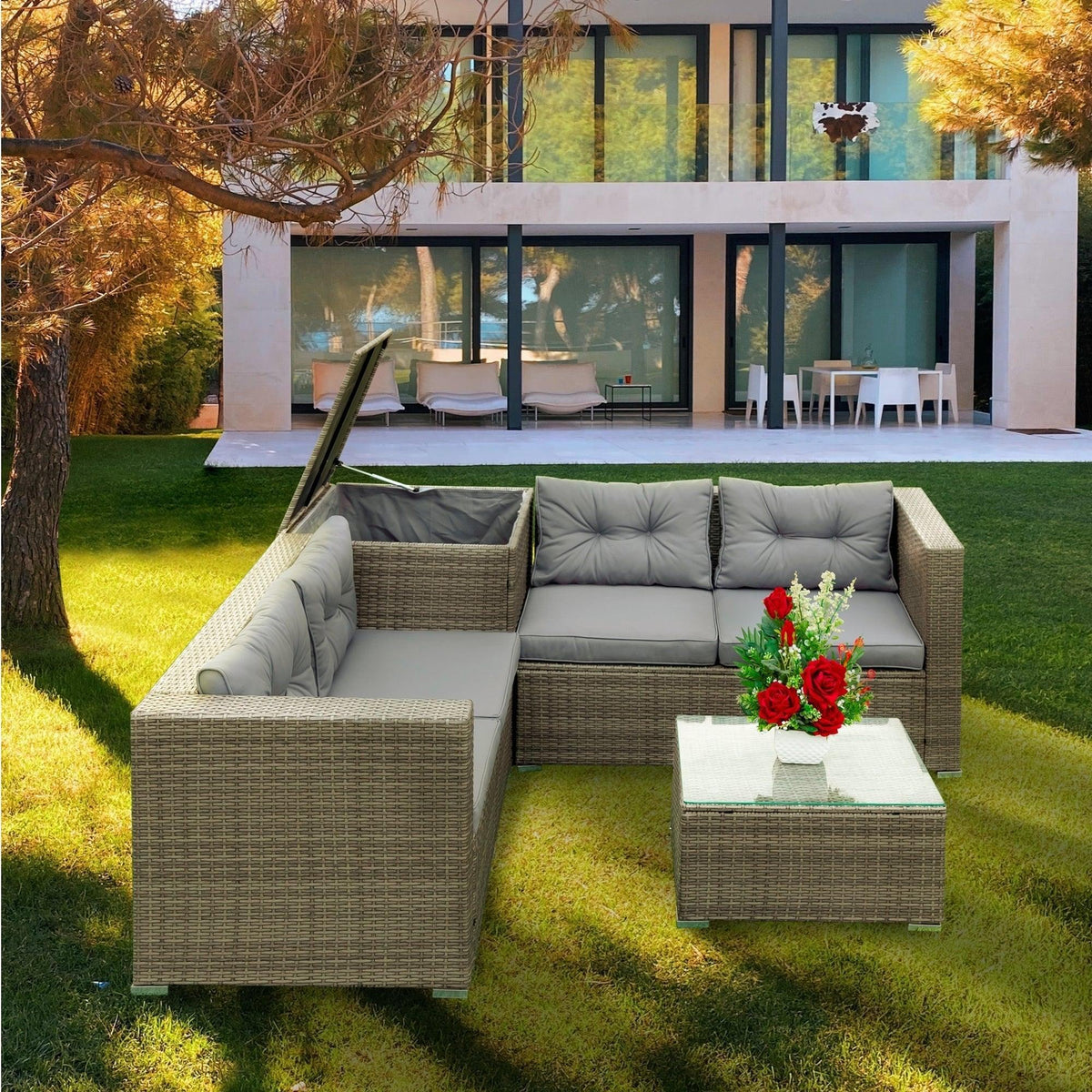 4 Piece Patio Sectional Wicker Rattan Outdoor Furniture Sofa Set Grey G791484