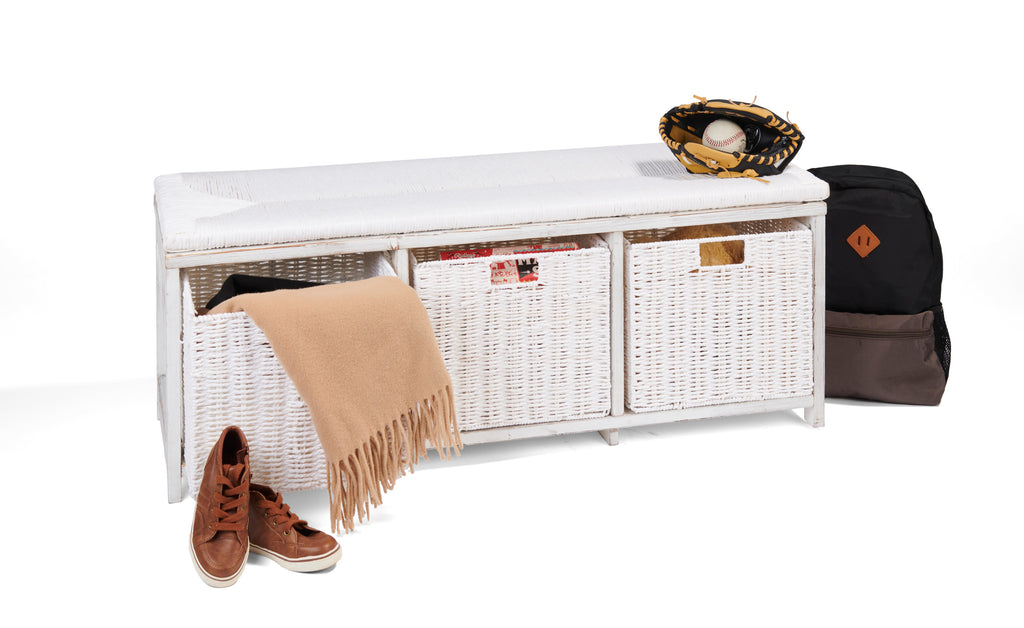 Brown Woven Top Storage Bench with Baskets M11962