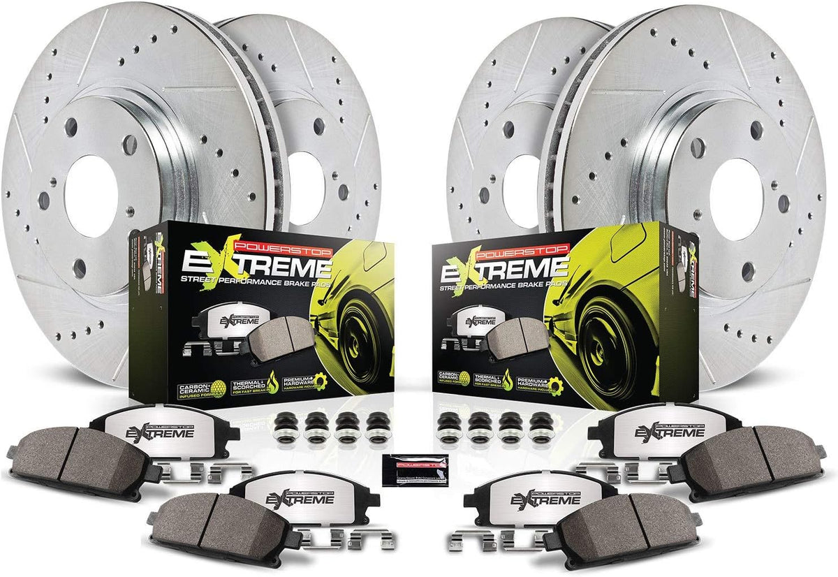 Front and Rear Carbon Fiber Brake Pads with Drilled & Slotted Brake Rotors Kit B1568