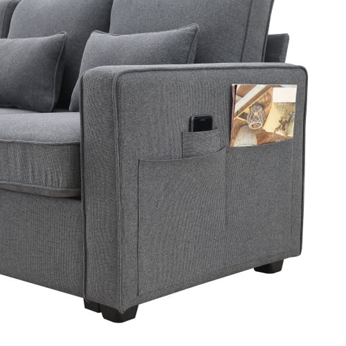 Linen Fabric Sofa with Armrest Pockets and 4 Pillows Q754355