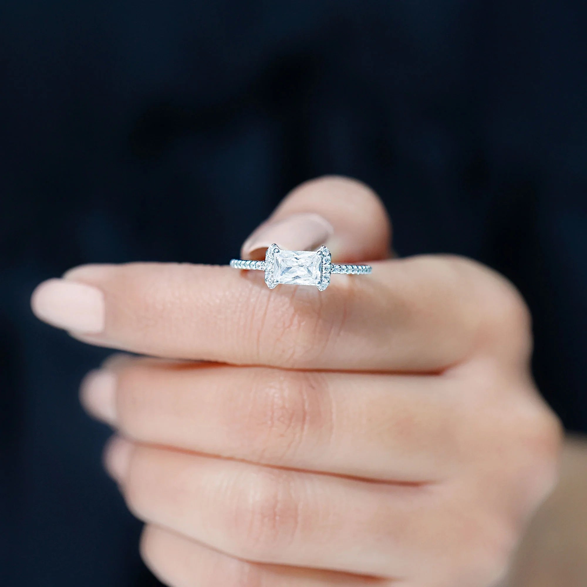 Emerald Cut Zircon Engagement Ring, 925 Sterling Silver, 5X7 mm, 2 Carat, US 4.00 H3579