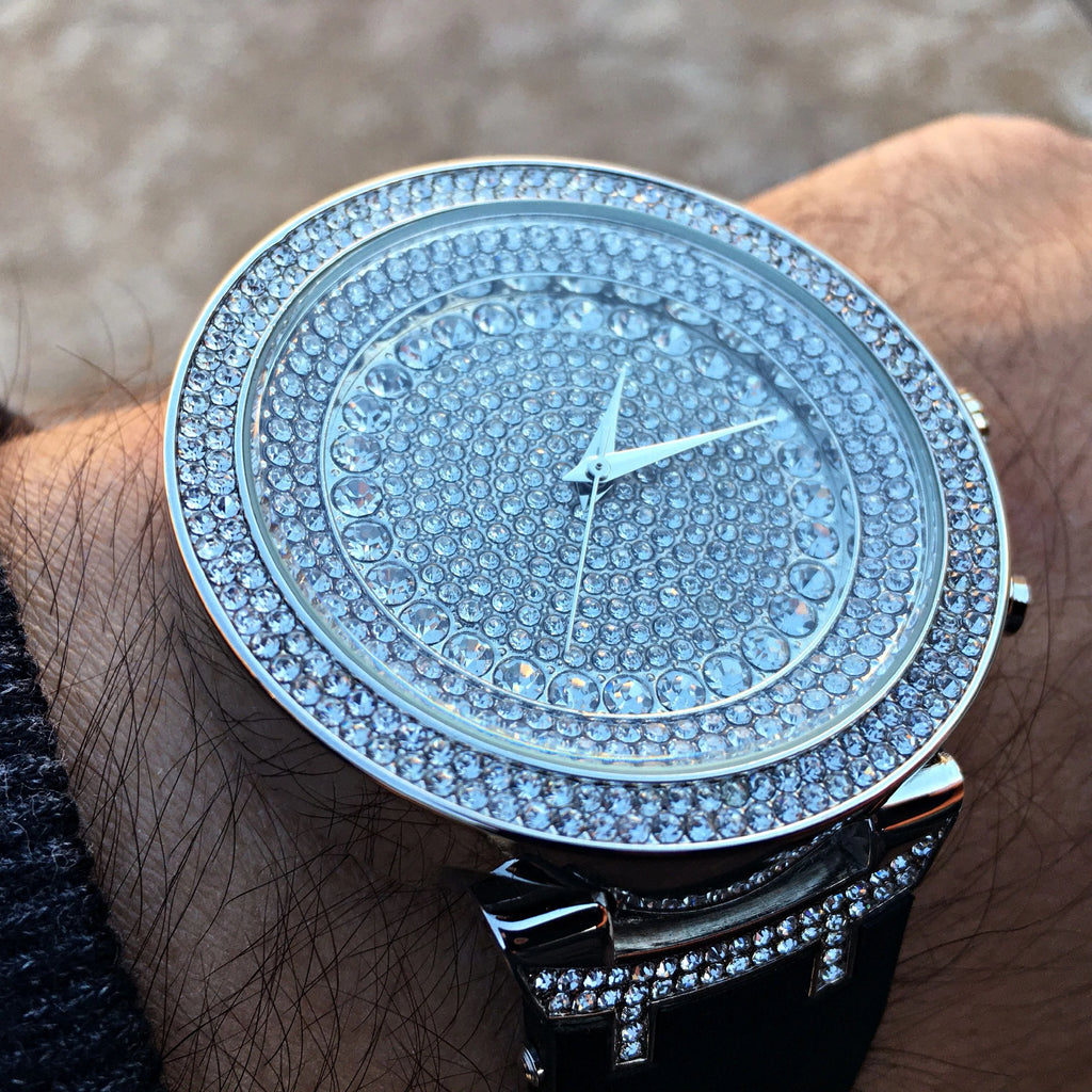 Silver Tone Hip Hop Watch with Black Band U1889