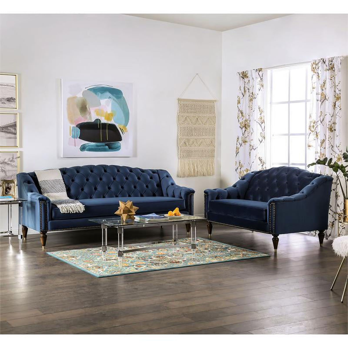 Blue Fabric Tufted 2-Piece Sofa Set X259