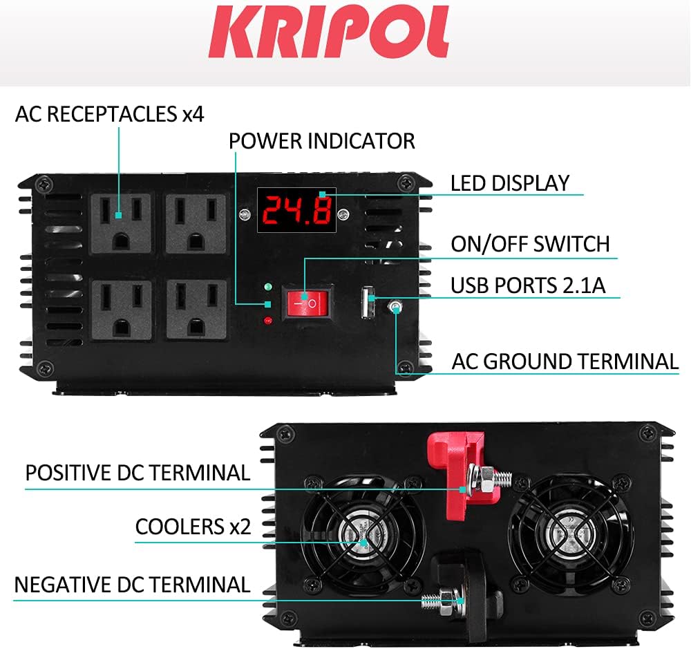 3000 Watt Pure Sine Wave Power Inverter 12V DC to 110V AC with 4 AC Outlets V687762