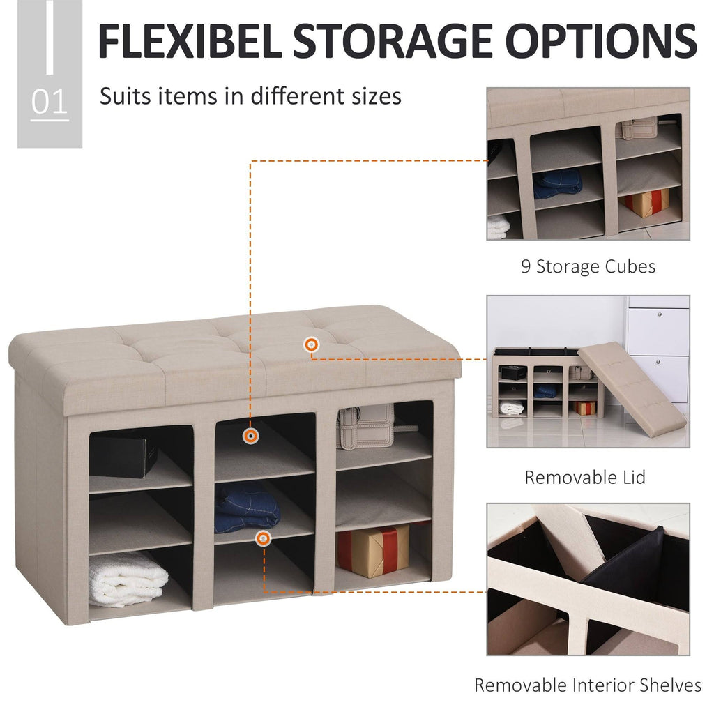 Grey Folding Storage Ottoman Bench with 9 Cubes P983714