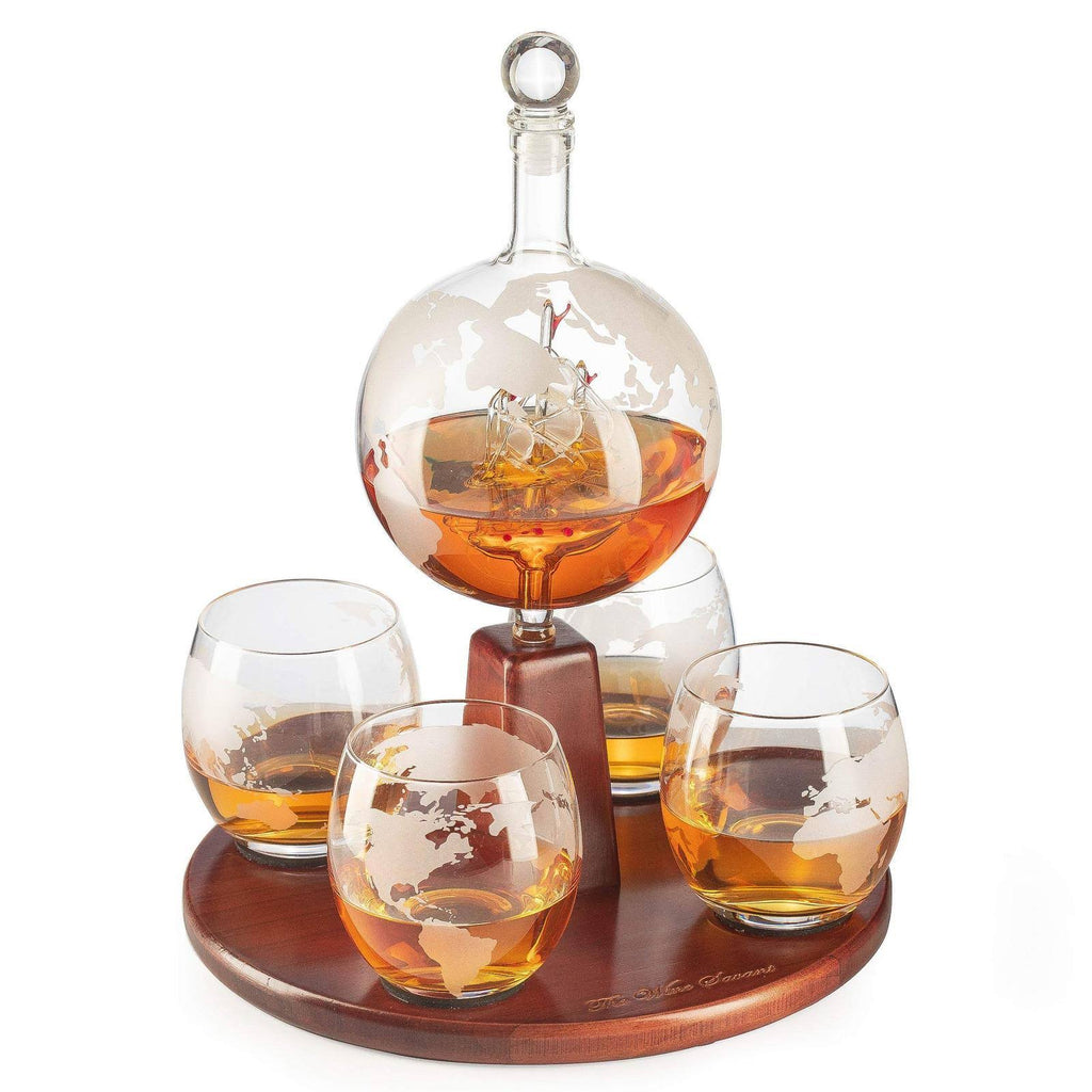 Etched World Decanter Globe Decanter with 4 World Map Glasses N663038