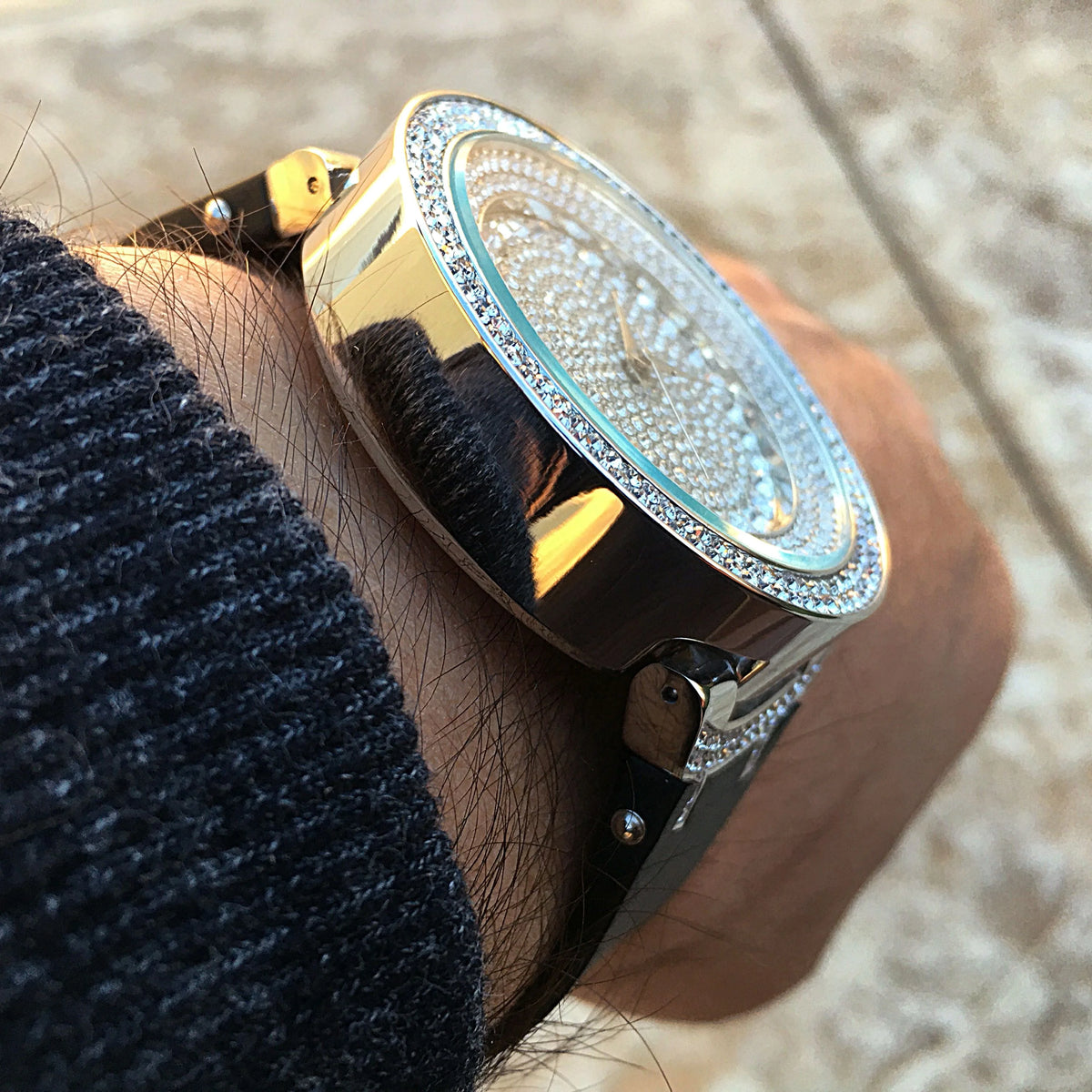 Silver Tone Hip Hop Watch with Black Band U1889