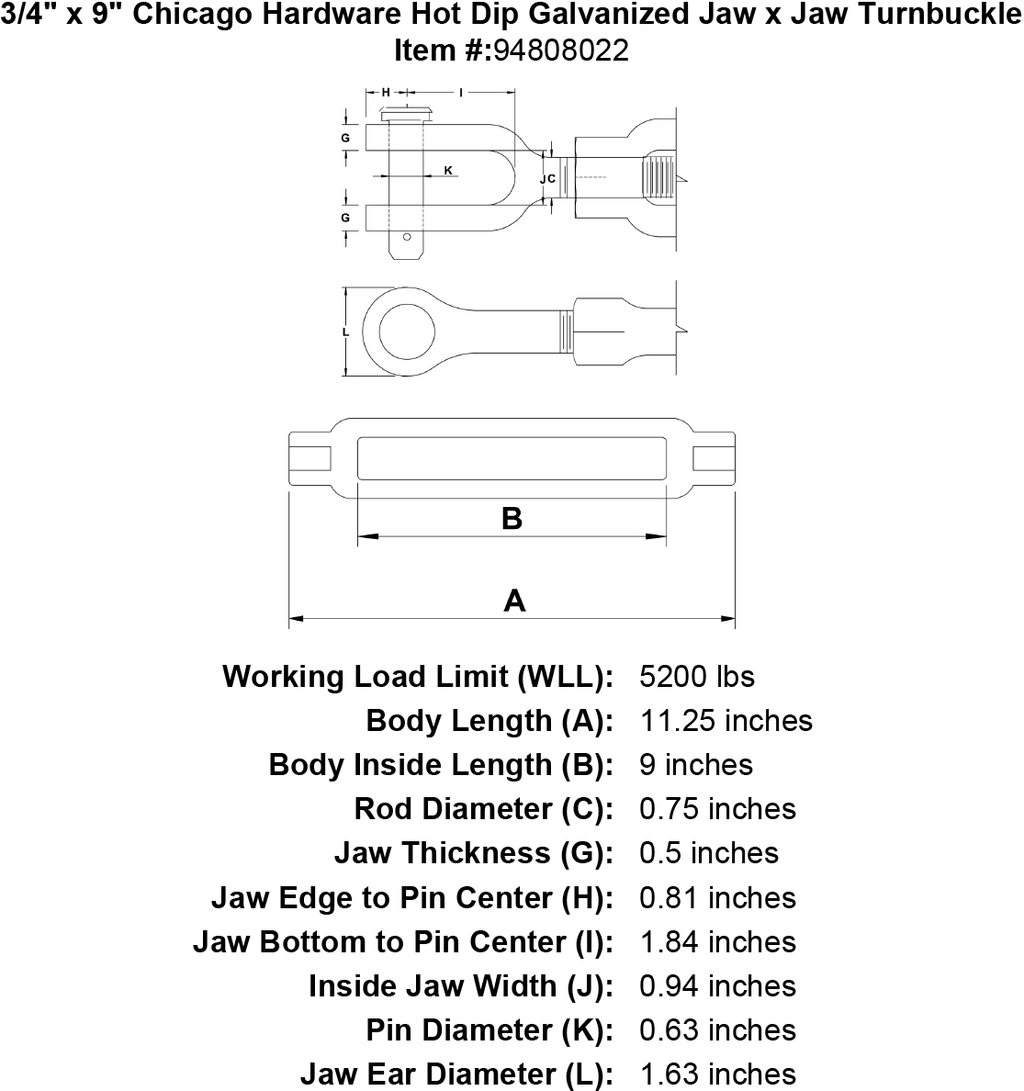 3/4 x 9 Hot Dip Galvanized Jaw x Jaw Turnbuckle I58027