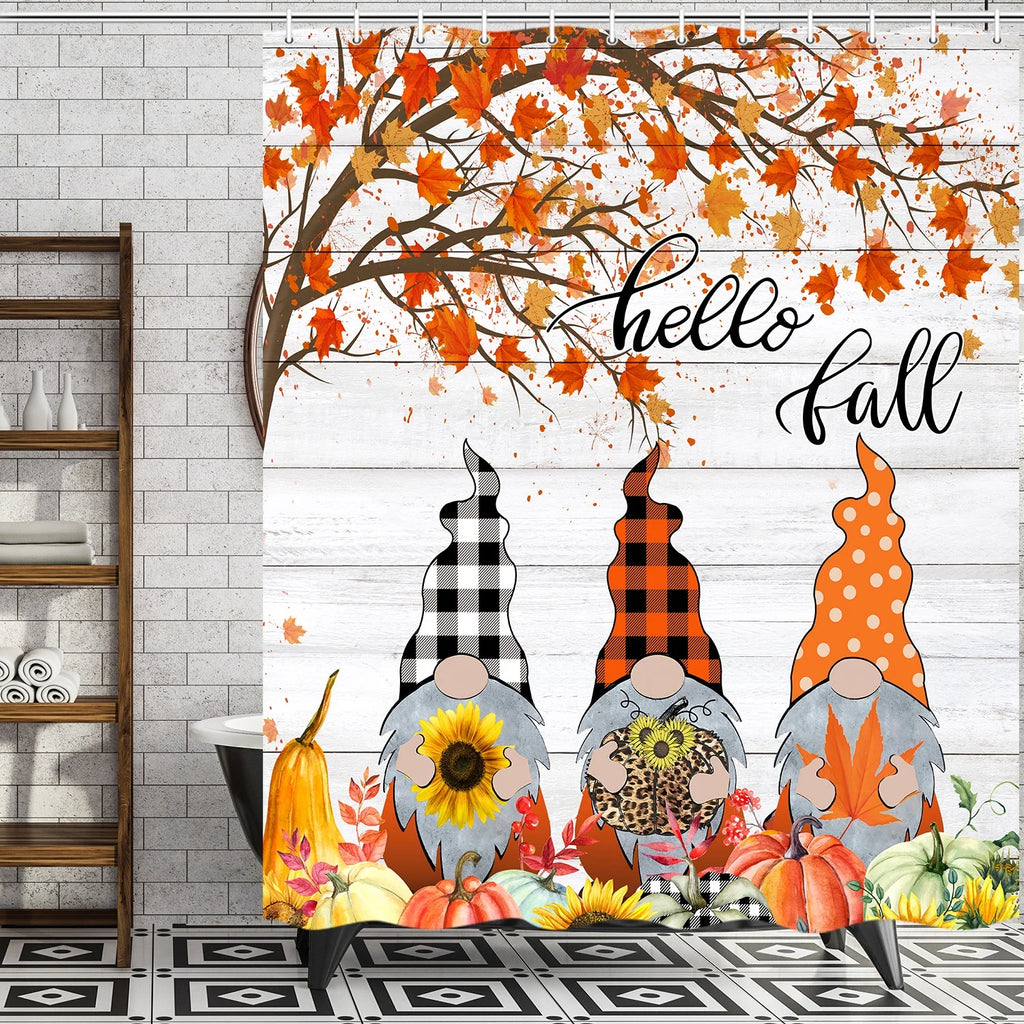 Fall Gnome with Pumpkin Shower Curtain, 72"x72"inch, Durable Fabric with 12 Hooks H10664